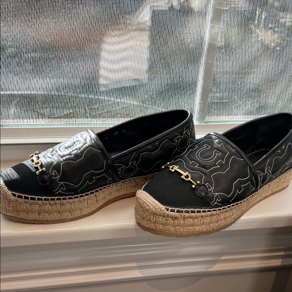 Salvatore Ferragamo Black and White Espadrilles with Gold Chain